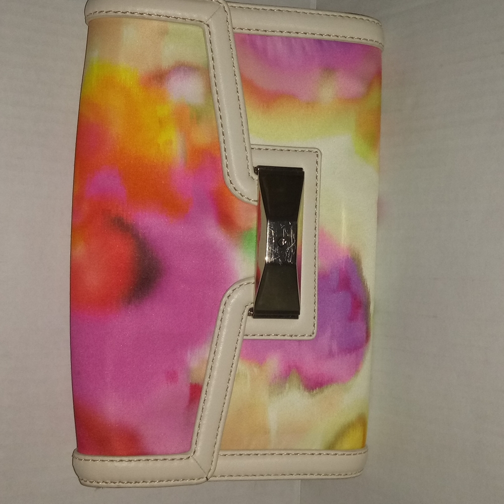 KATE SPADE MULTI COLOR SATIN CLUTCH WITH LEATHER TRIM - Picture 2 of 13